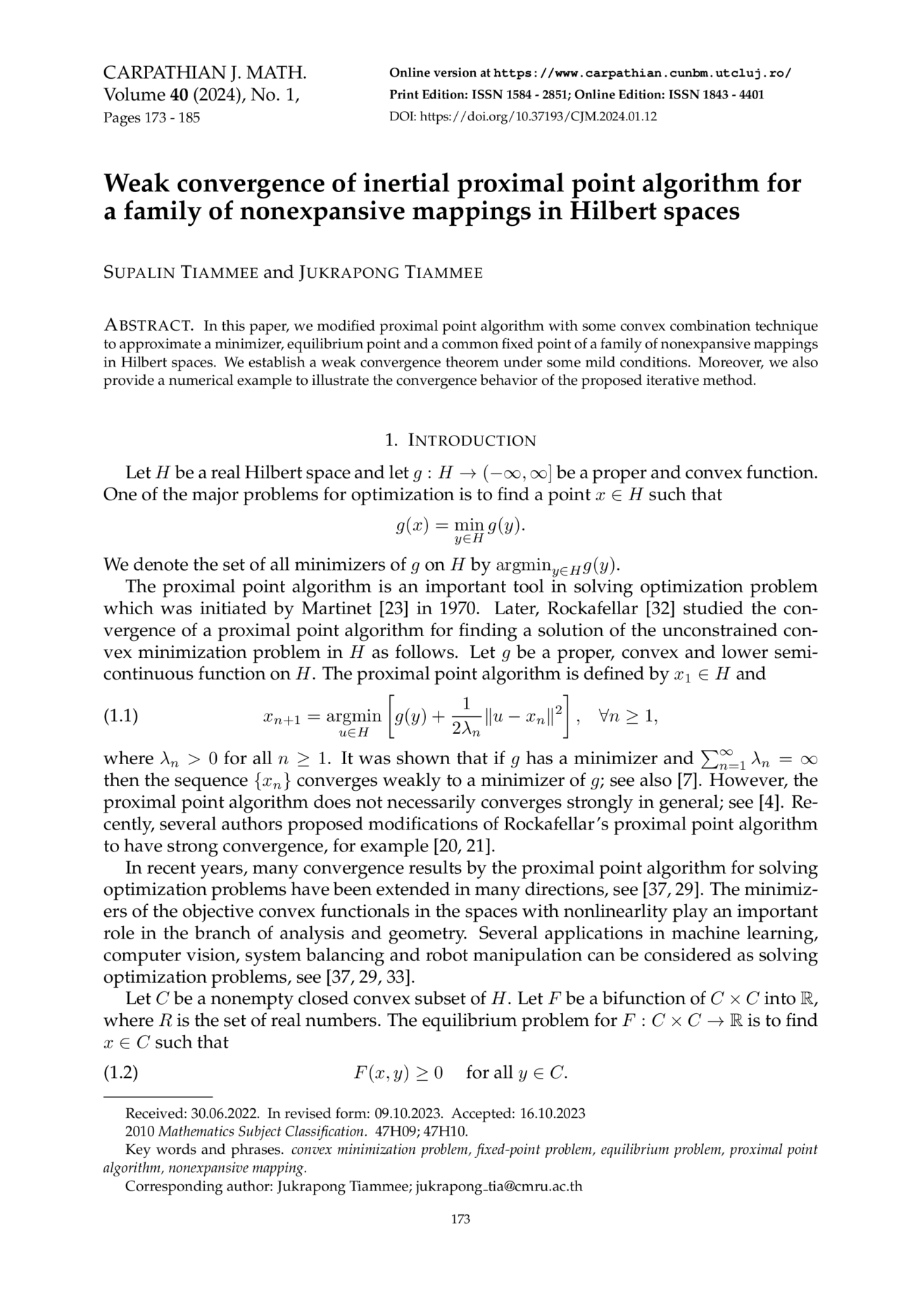 » Weak convergence of inertial proximal point algorithm for a family of